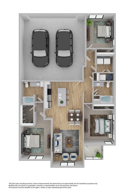 A floor plan of a two-bedroom apartment with a living room, kitchen, and bathroom.